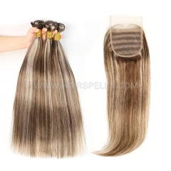 Bundles With Lace Closure Color Hair P4/18 Straight Virgin Human Hair