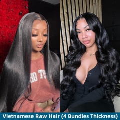 (4 Bundles Thickness) Vietnamese Raw Hair Glueless Wear Go HD Lace Wig Natural Color 1 Donor Cuticle Aligned Thick Hair Density