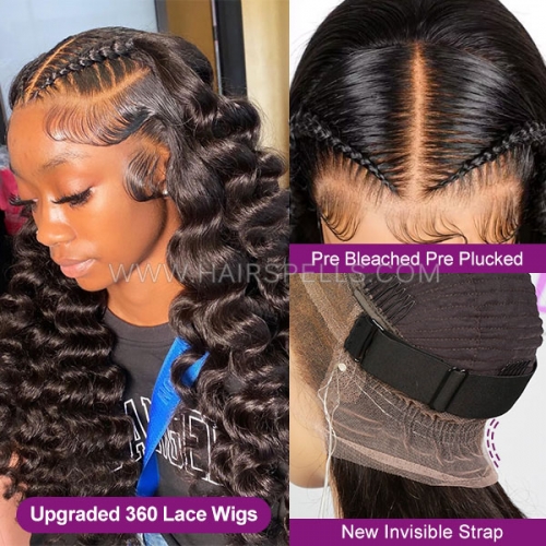 Upgraded Invisi-Strap Pre Bleached Pre Plucked HD lace 360 Lace wig 180% density Ponytail Bun Freely Virgin Human Hair Natural Color