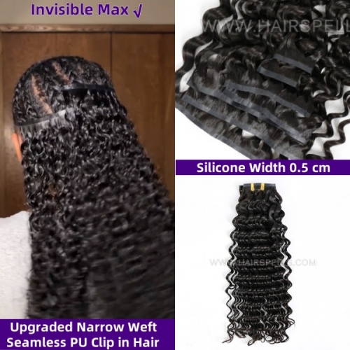 Upgraded Narrow Weft Seamless PU Clip in Human Virgin Hair Extensions 7 pcs/set 120 Grams Invisible Natural Install